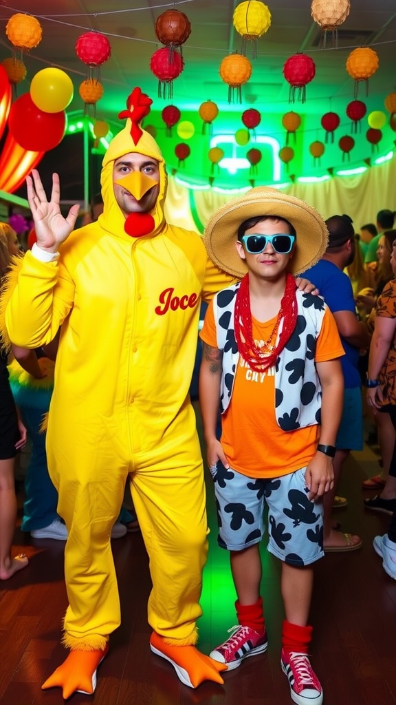 Chicken Joe in a yellow suit and Cody in a surfer outfit at a costume party.
